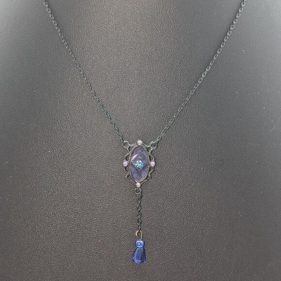 Antiqued Purple Enamel Crystal Y Drop Blackened Chain 15.5" Necklace - Picture 6 of 6